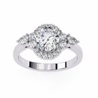White Gold Oval Cut Diamond Halo Ring with Pear and Round Side Clusters