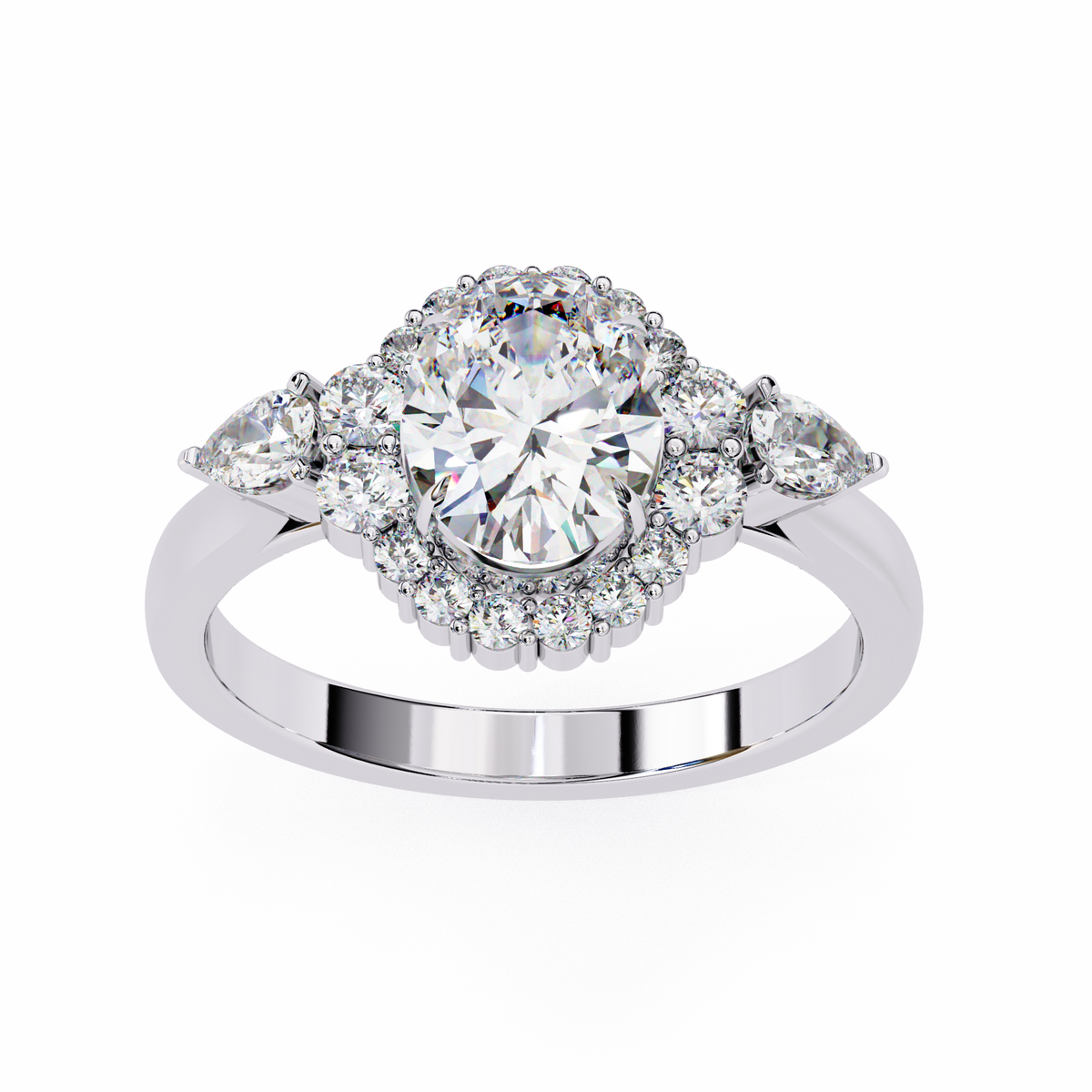 White Gold Oval Cut Diamond Halo Ring with Pear and Round Side Clusters