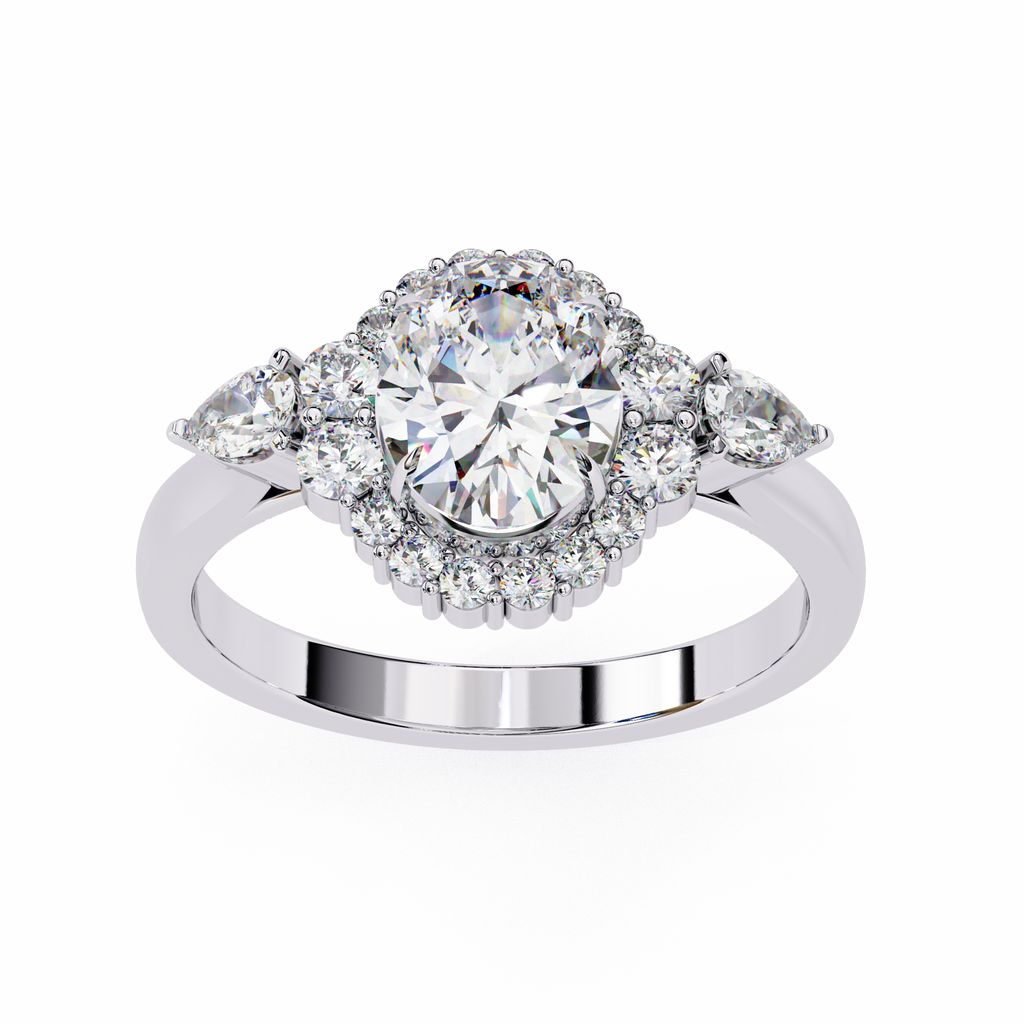 White Gold Oval Cut Diamond Halo Ring with Pear and Round Side Clusters