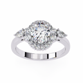 White Gold Oval Cut Diamond Halo Ring with Pear and Round Side Clusters