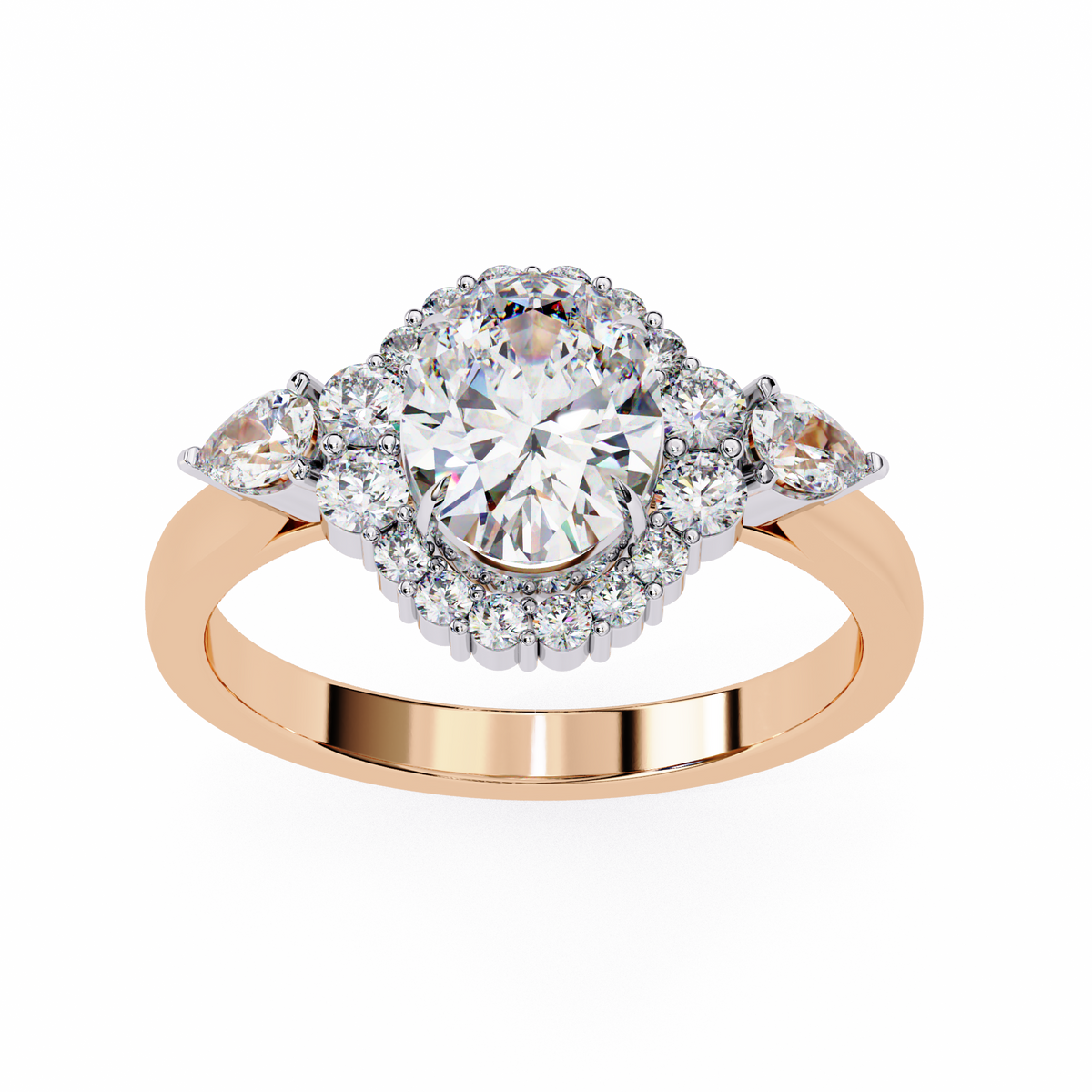 Rose Gold Oval Cut Diamond Halo Ring with Pear Side Stones