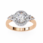 Rose Gold Oval Cut Diamond Halo Ring with Pear Side Stones