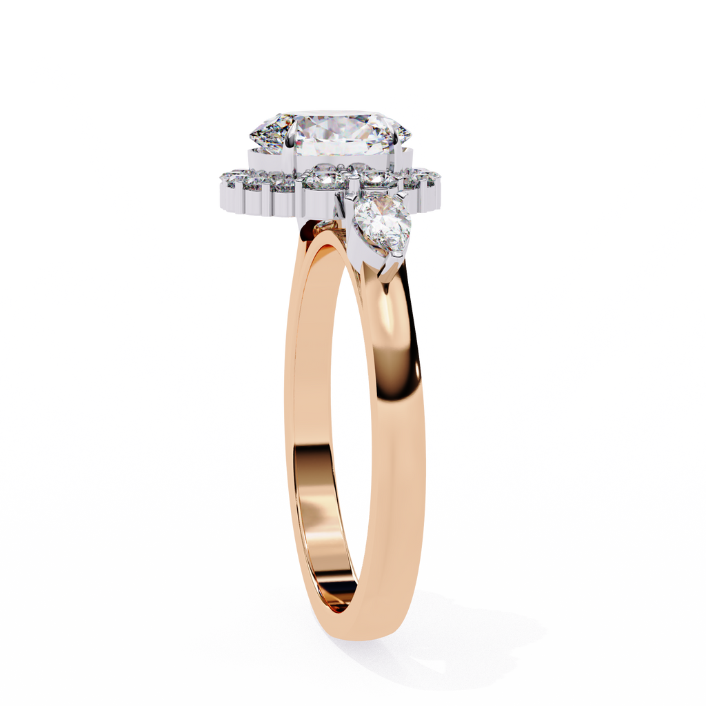 Rose Gold Oval Cut Diamond Halo Ring with Pear Side Stones