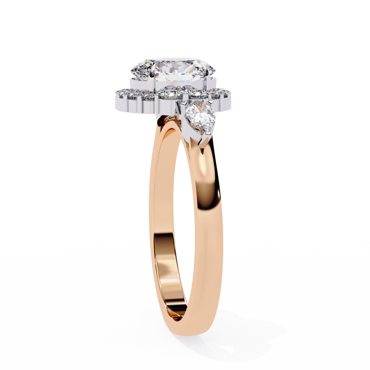 Rose Gold Oval Cut Diamond Halo Ring with Pear Side Stones