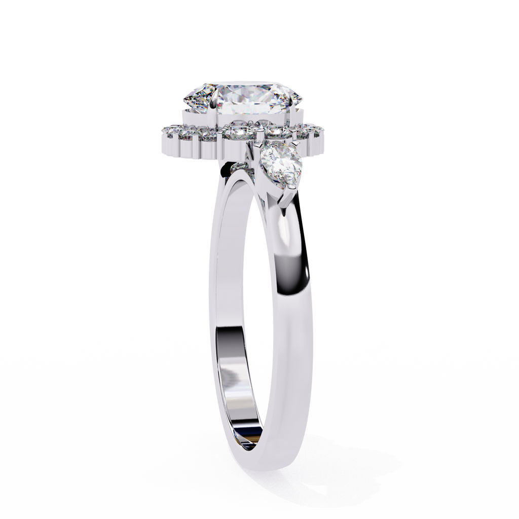 White Gold Oval Cut Diamond Halo Ring with Pear and Round Side Clusters
