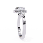 White Gold Oval Cut Diamond Halo Ring with Pear and Round Side Clusters