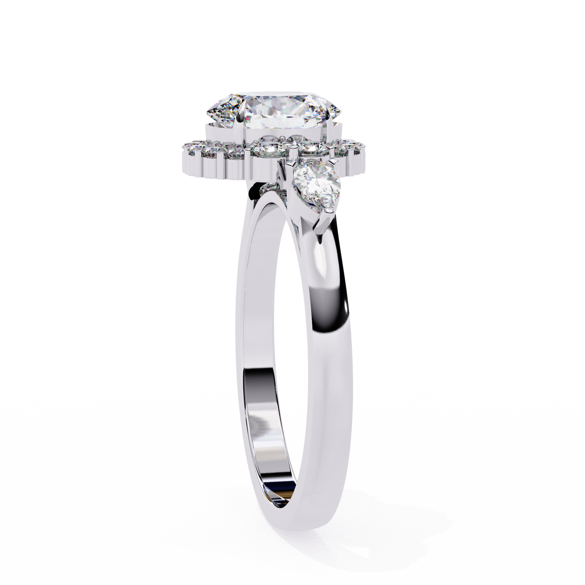 White Gold Oval Cut Diamond Halo Ring with Pear and Round Side Clusters