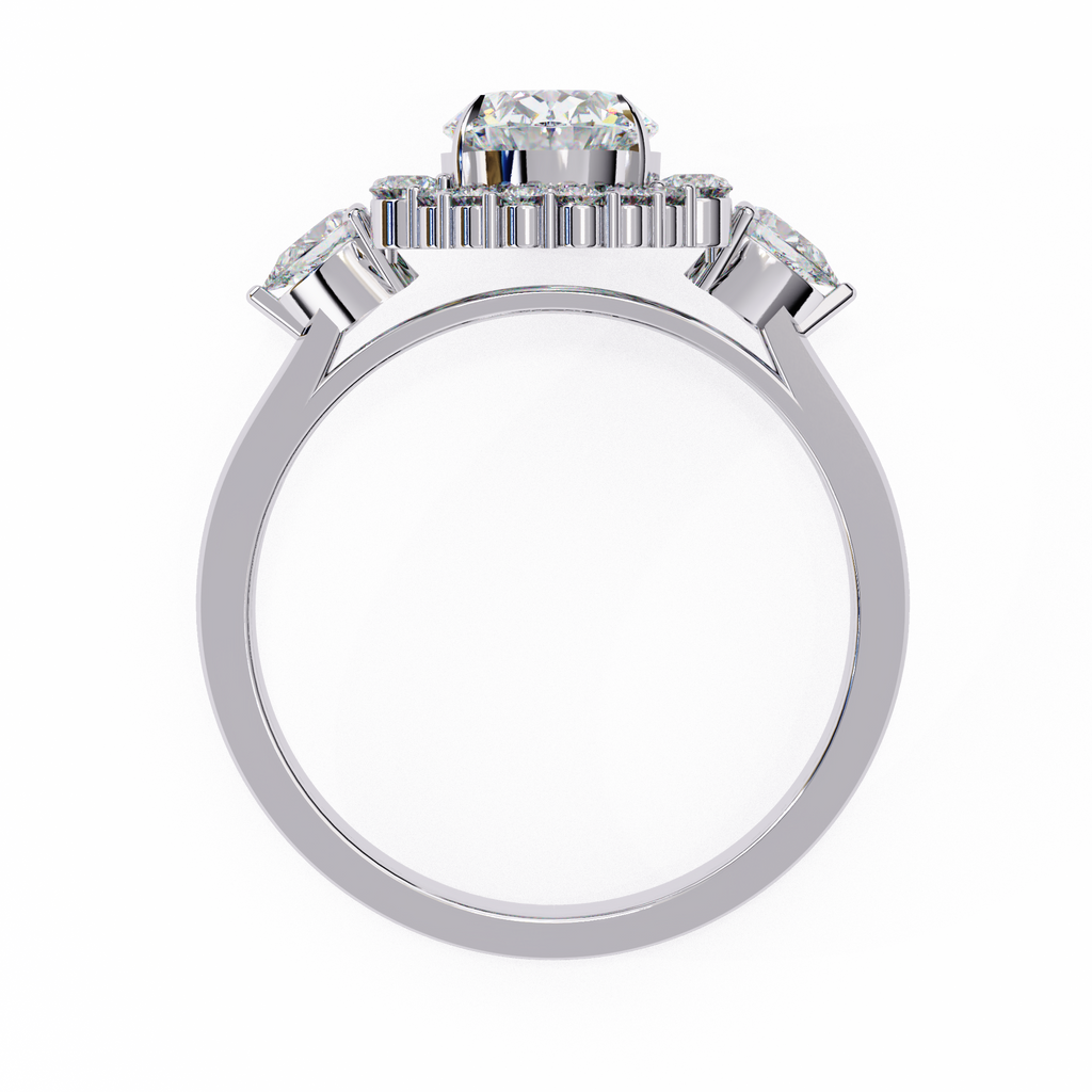 White Gold Oval Cut Diamond Halo Ring with Pear and Round Side Clusters