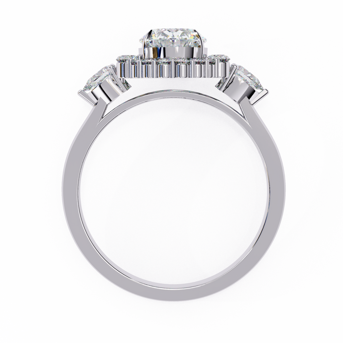 White Gold Oval Cut Diamond Halo Ring with Pear and Round Side Clusters