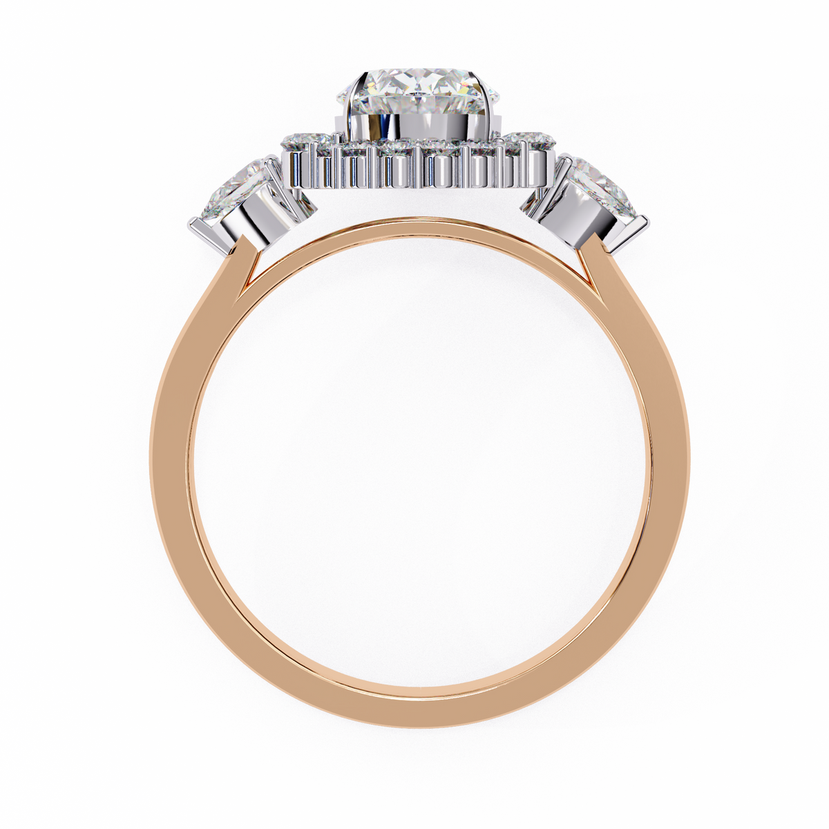 Rose Gold Oval Cut Diamond Halo Ring with Pear Side Stones
