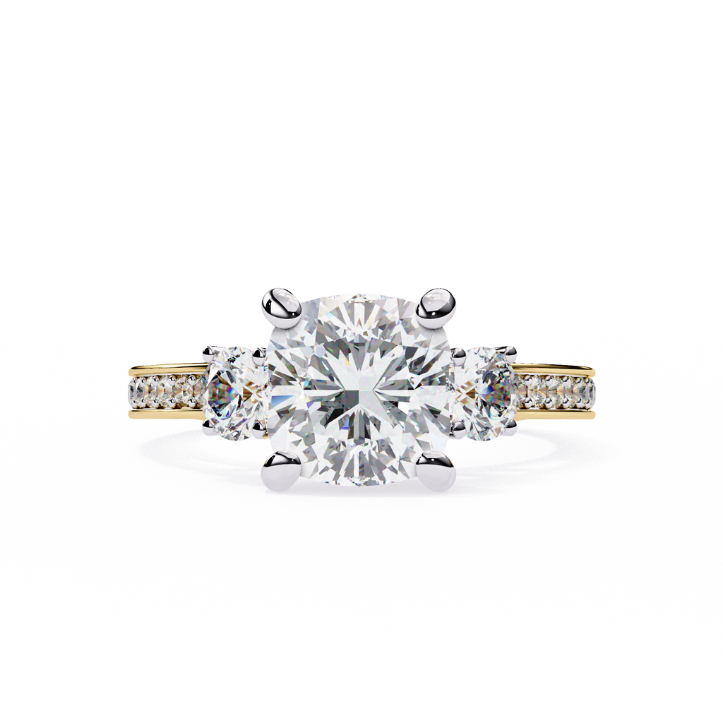 Yellow Gold Three Stone Cushion Cut Diamond Ring