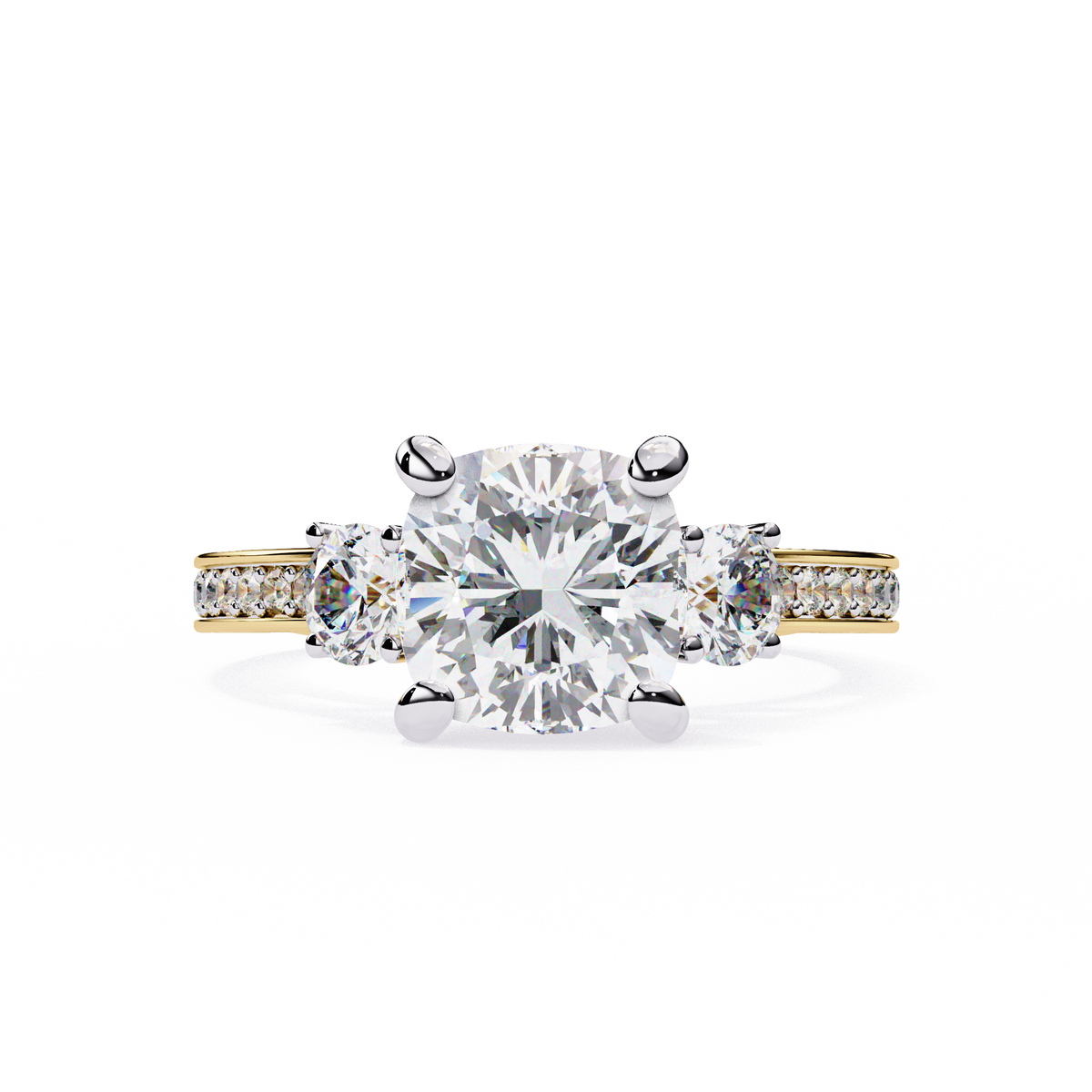 Yellow Gold Three Stone Cushion Cut Diamond Ring