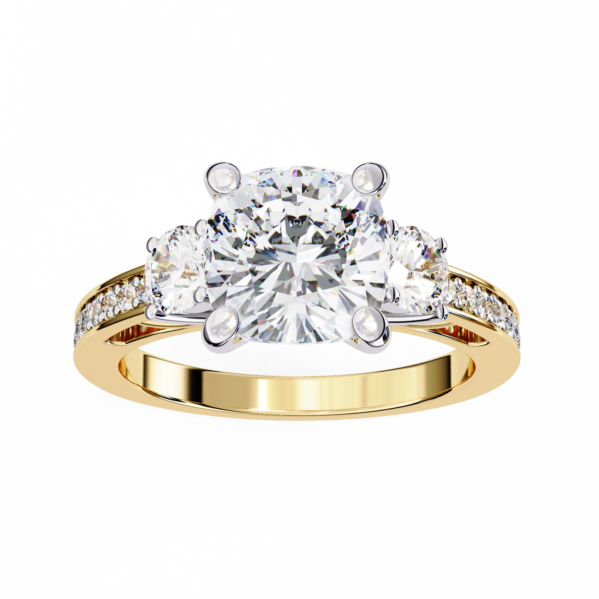 Yellow Gold Three Stone Cushion Cut Diamond Ring