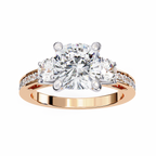 Rose Gold Cushion Cut Three Stone Diamond Ring with Pavé Band