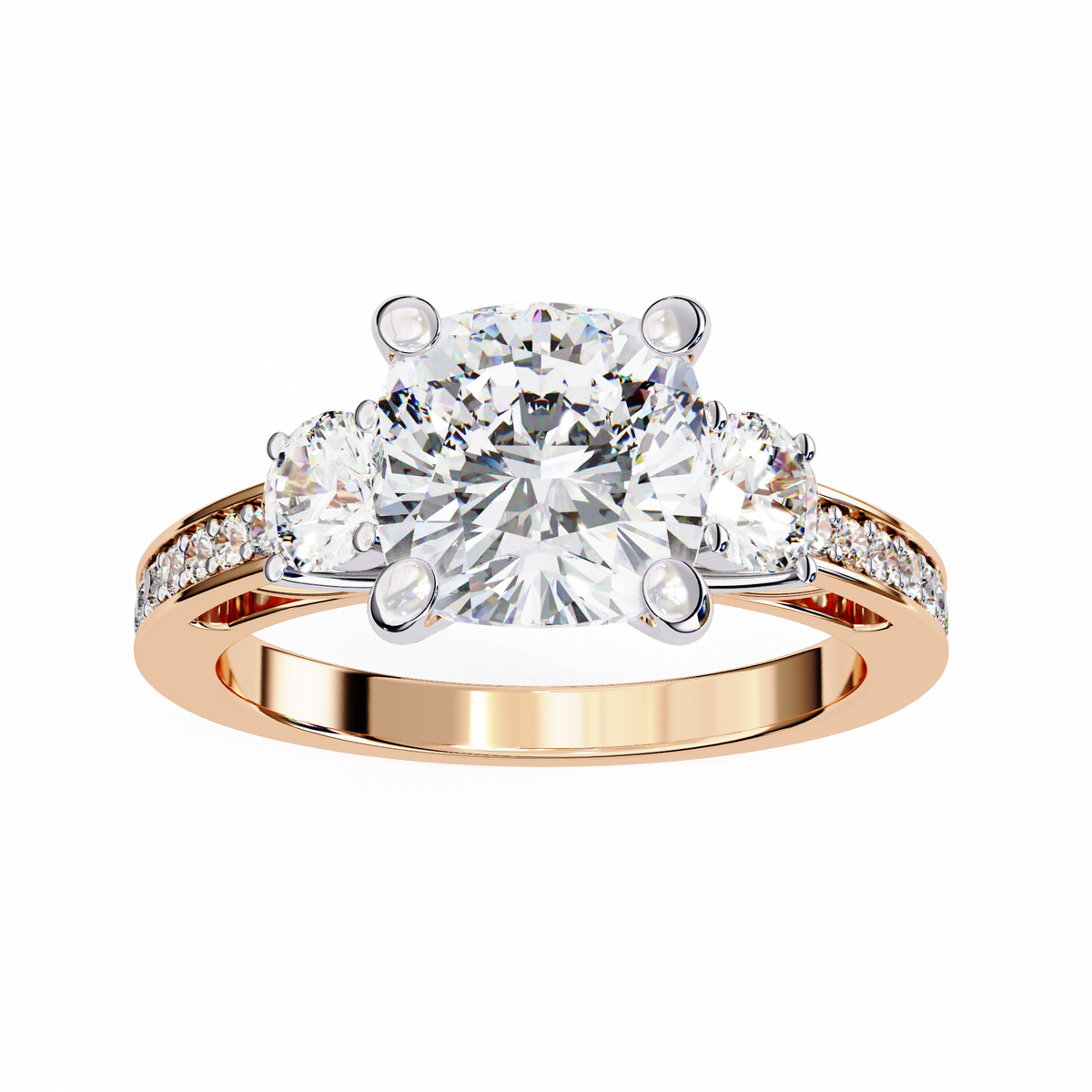 Rose Gold Cushion Cut Three Stone Diamond Ring with Pavé Band