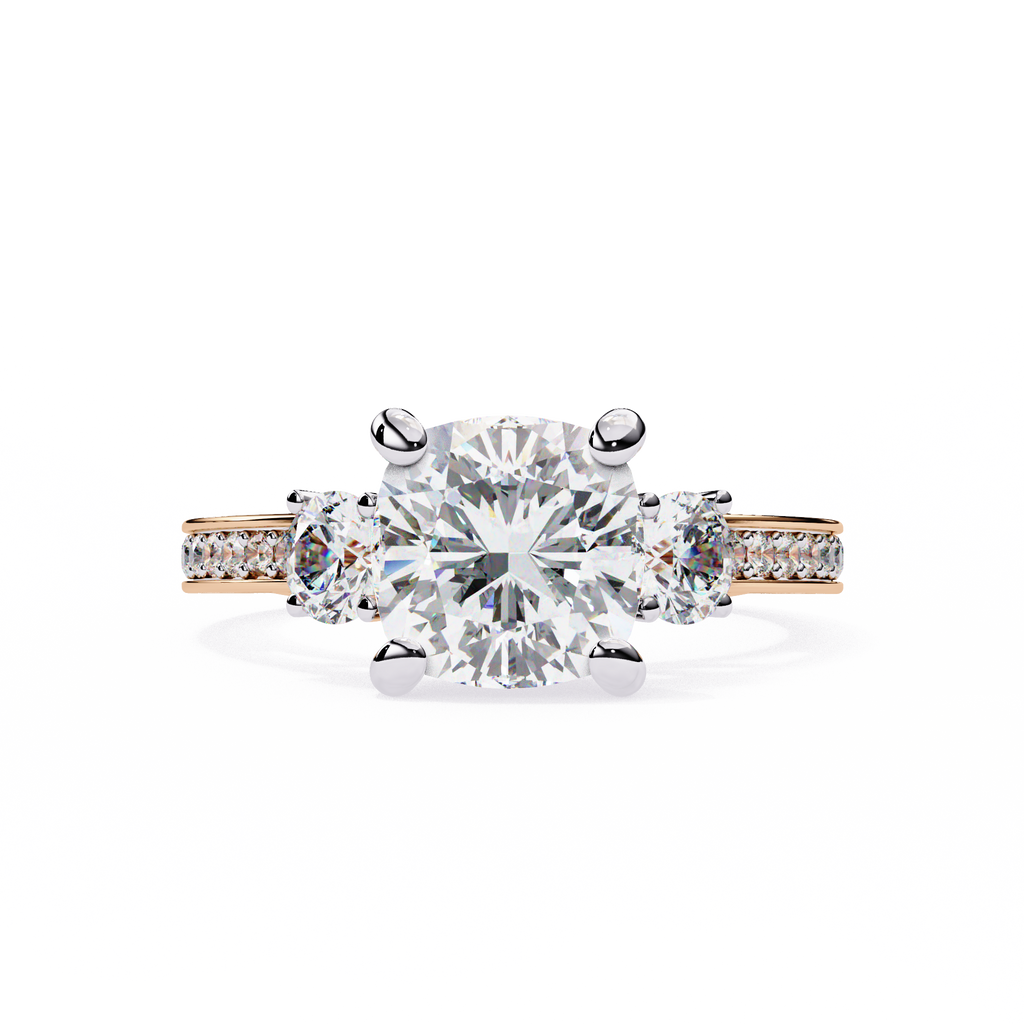 Rose Gold Cushion Cut Three Stone Diamond Ring with Pavé Band