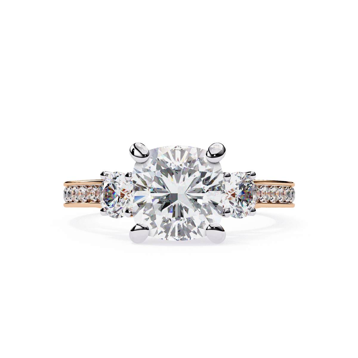 Rose Gold Cushion Cut Three Stone Diamond Ring with Pavé Band