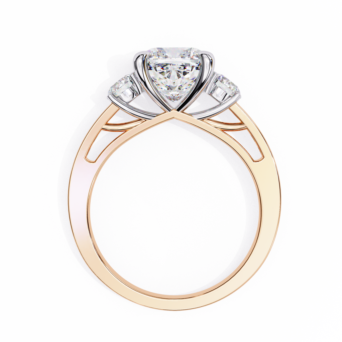 Rose Gold Cushion Cut Three Stone Diamond Ring with Pavé Band
