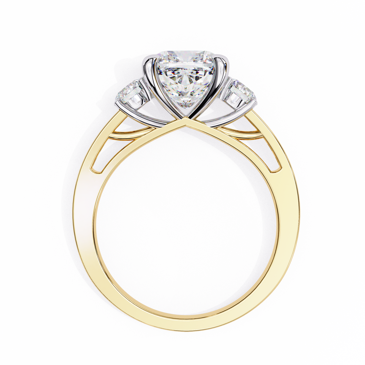 Yellow Gold Three Stone Cushion Cut Diamond Ring