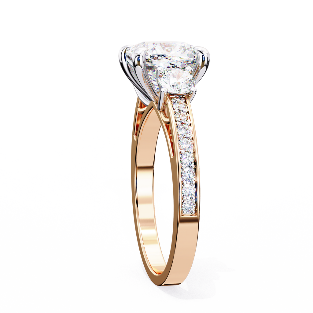 Rose Gold Cushion Cut Three Stone Diamond Ring with Pavé Band