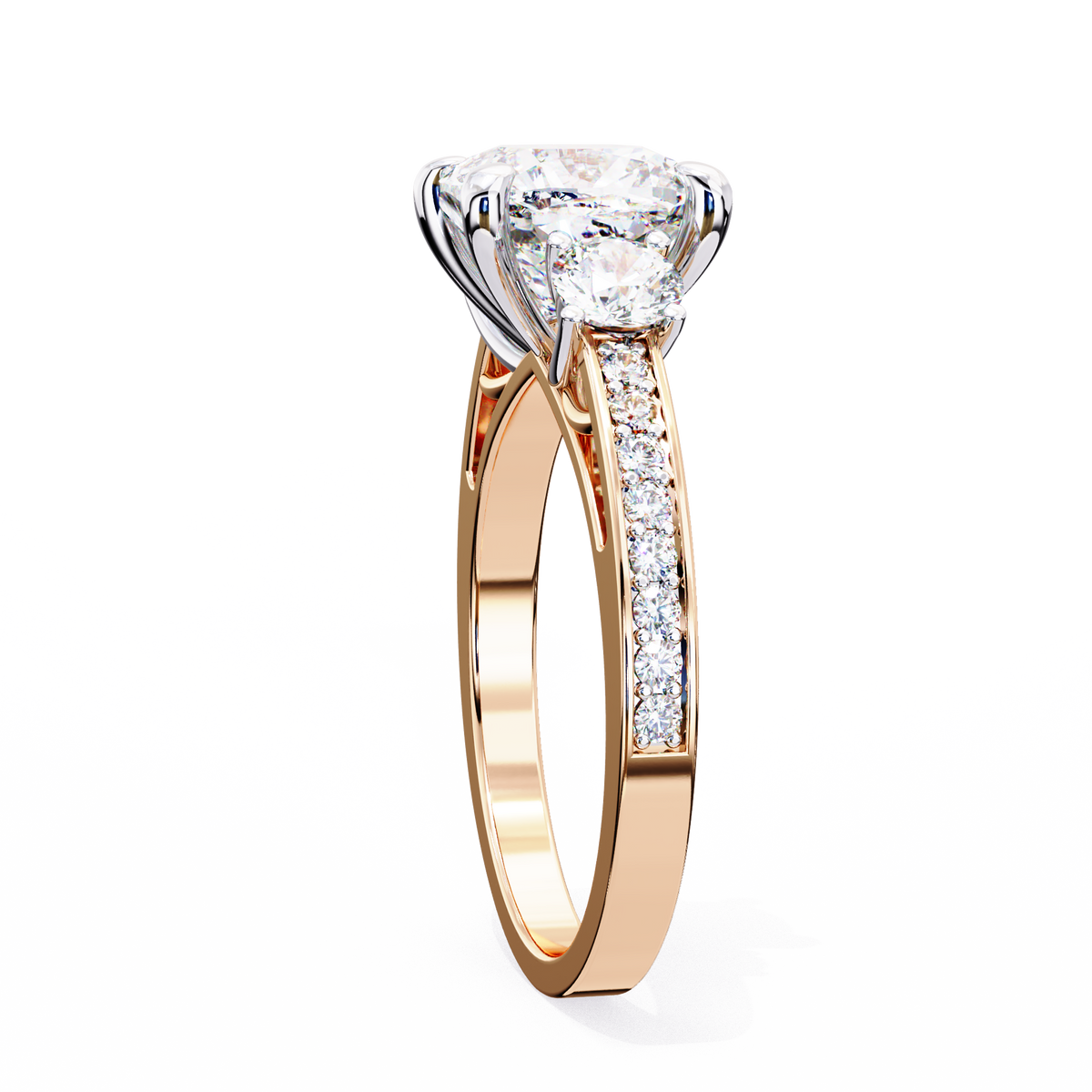 Rose Gold Cushion Cut Three Stone Diamond Ring with Pavé Band