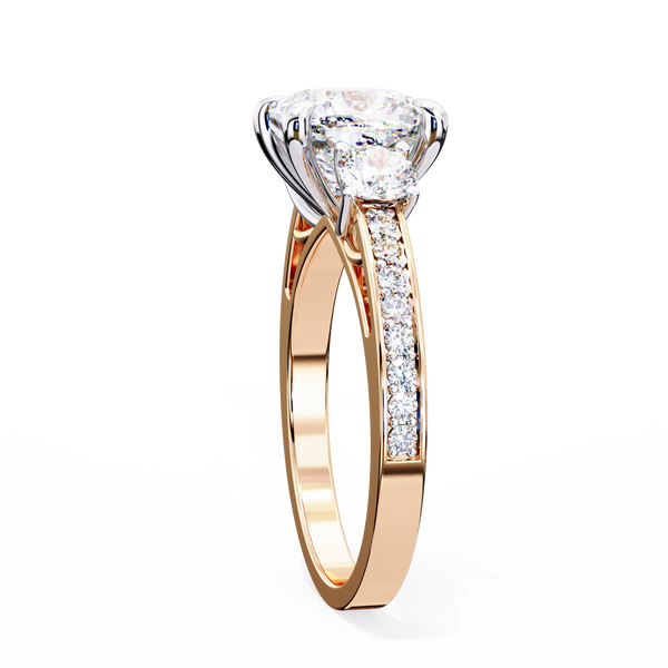 Rose Gold Cushion Cut Three Stone Diamond Ring with Pavé Band