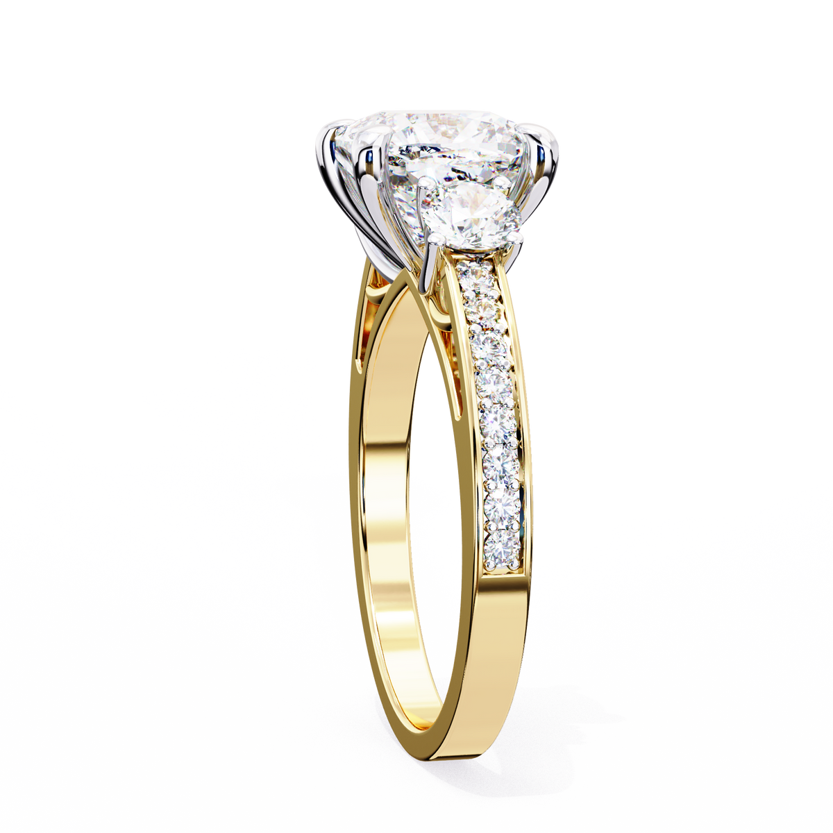 Yellow Gold Three Stone Cushion Cut Diamond Ring