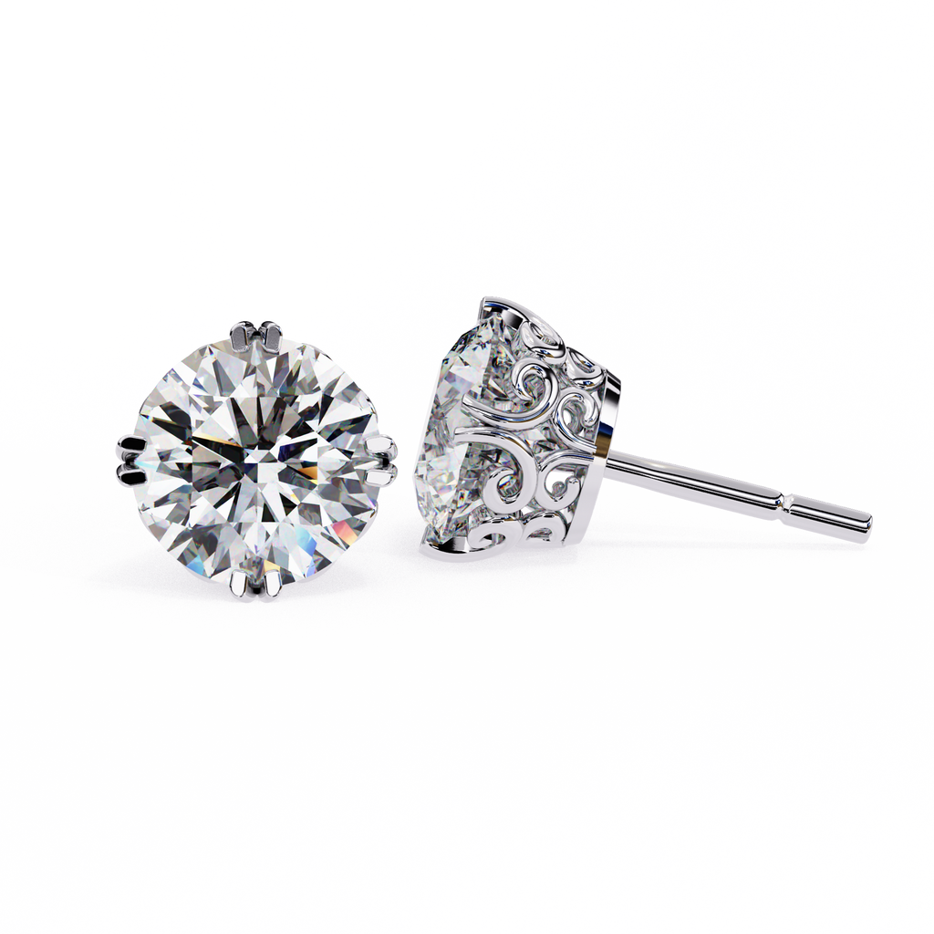 White Gold Filigree Basket Round Diamond Stud Earrings