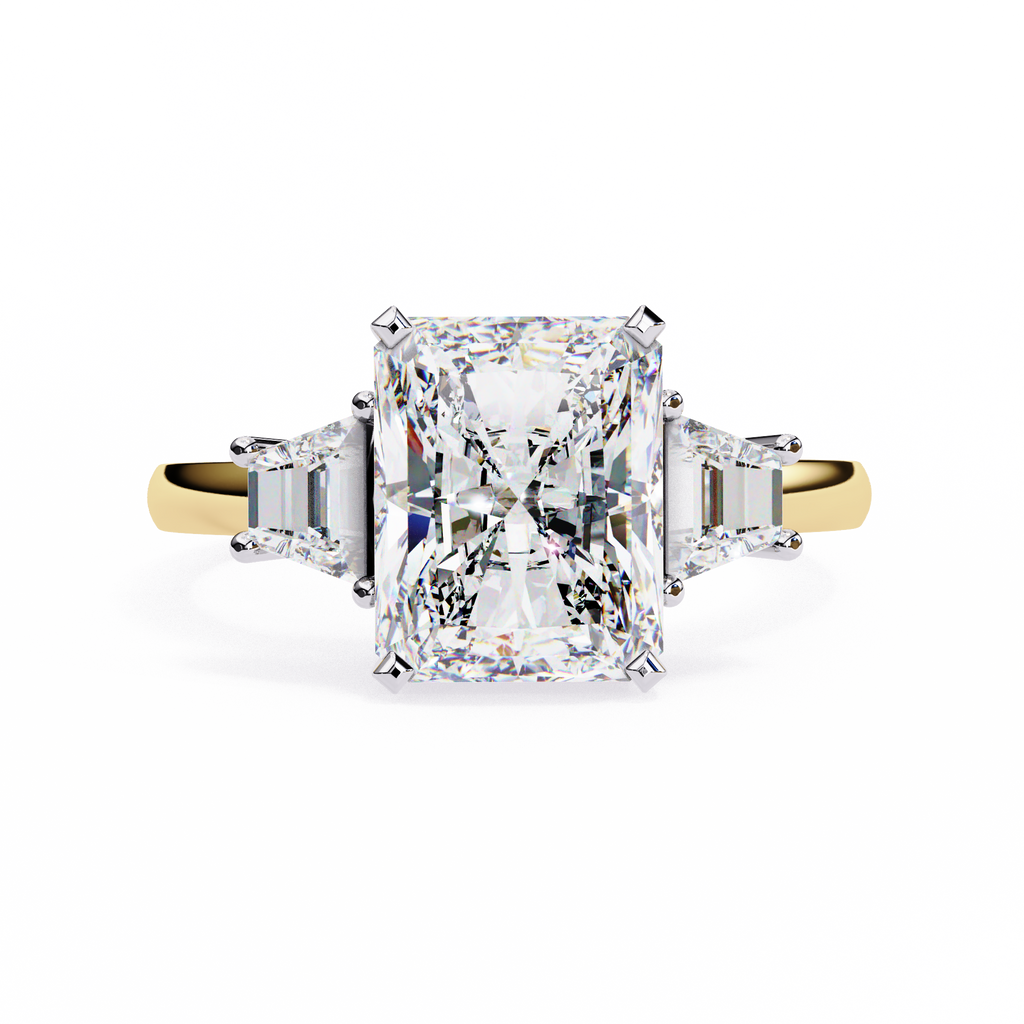 Yellow Gold Three Stone Radiant Cut Diamond Ring with Trapezoid Sides