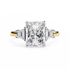 Yellow Gold Three Stone Radiant Cut Diamond Ring with Trapezoid Sides