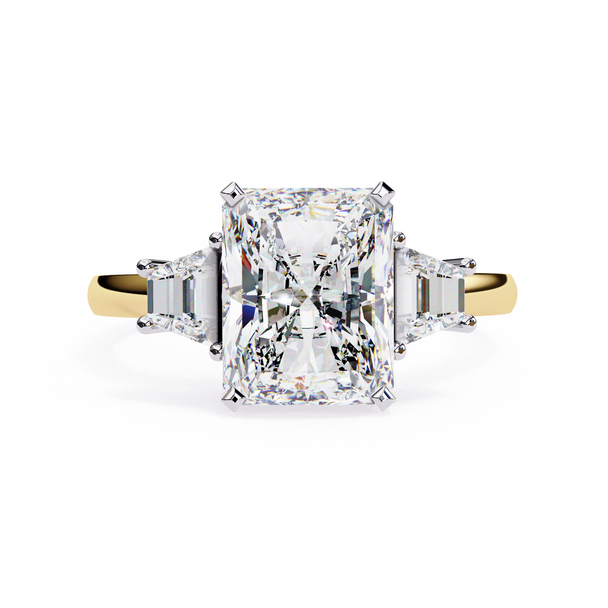 Yellow Gold Three Stone Radiant Cut Diamond Ring with Trapezoid Sides