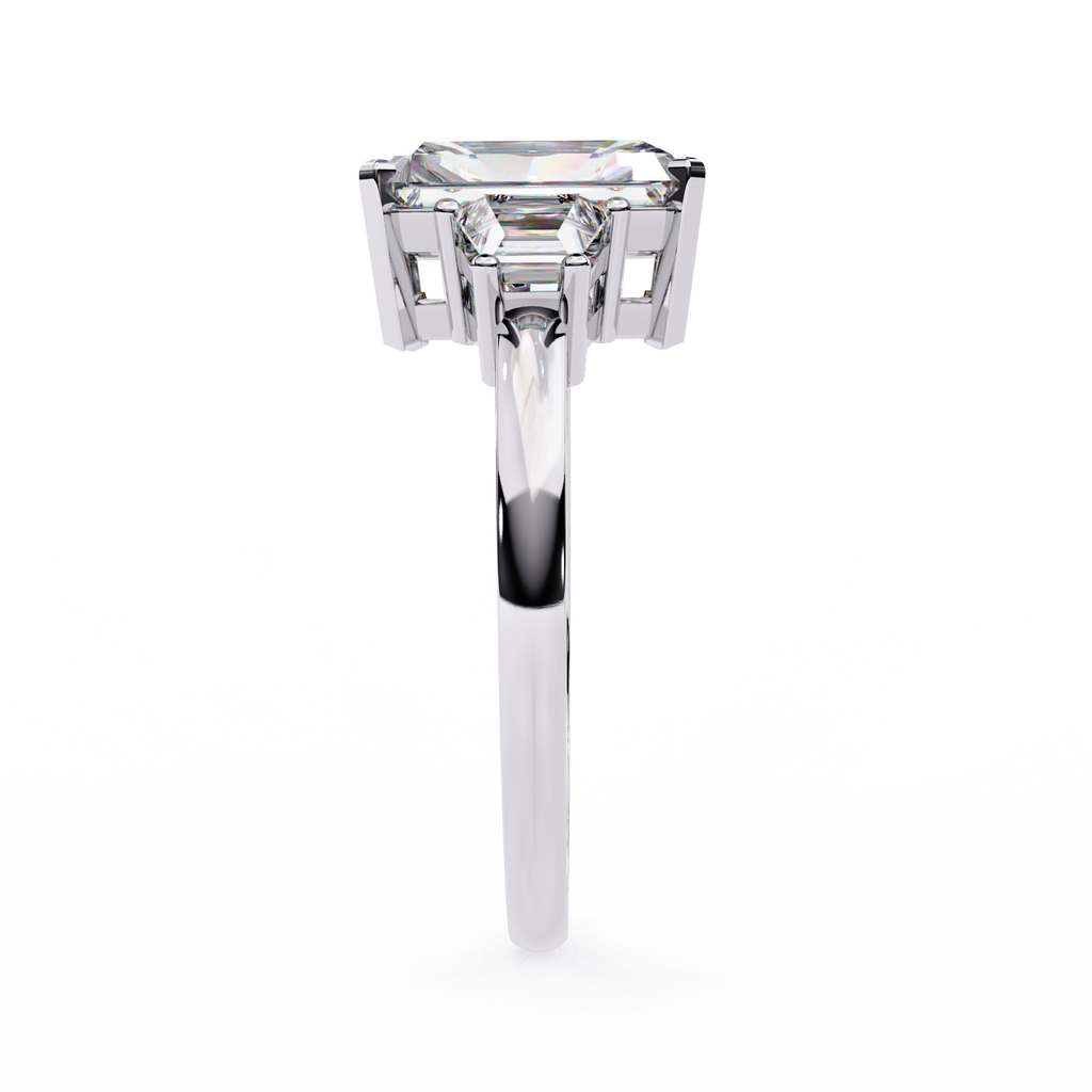 White Gold Three Stone Radiant Cut Diamond Ring with Trapezoid Sides