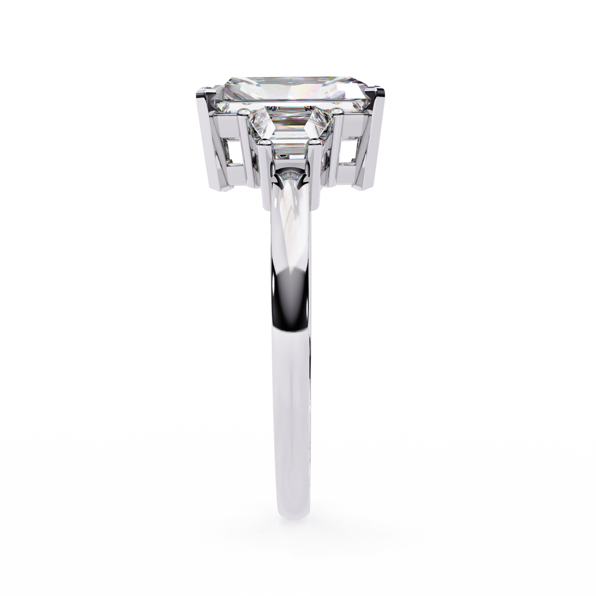 White Gold Three Stone Radiant Cut Diamond Ring with Trapezoid Sides