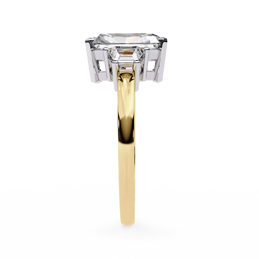 Yellow Gold Three Stone Radiant Cut Diamond Ring with Trapezoid Sides