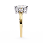 Yellow Gold Three Stone Radiant Cut Diamond Ring with Trapezoid Sides