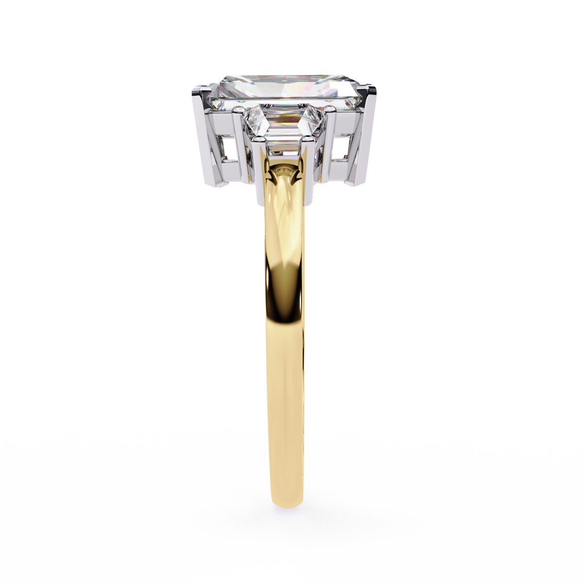 Yellow Gold Three Stone Radiant Cut Diamond Ring with Trapezoid Sides