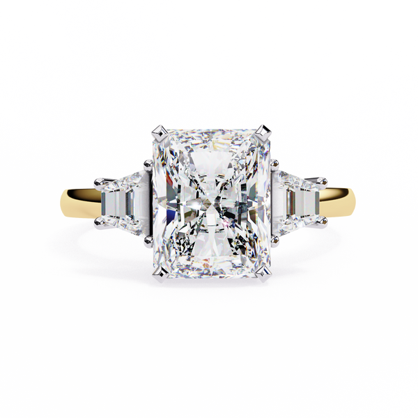 Yellow Gold Three Stone Radiant Cut Diamond Ring with Trapezoid Sides