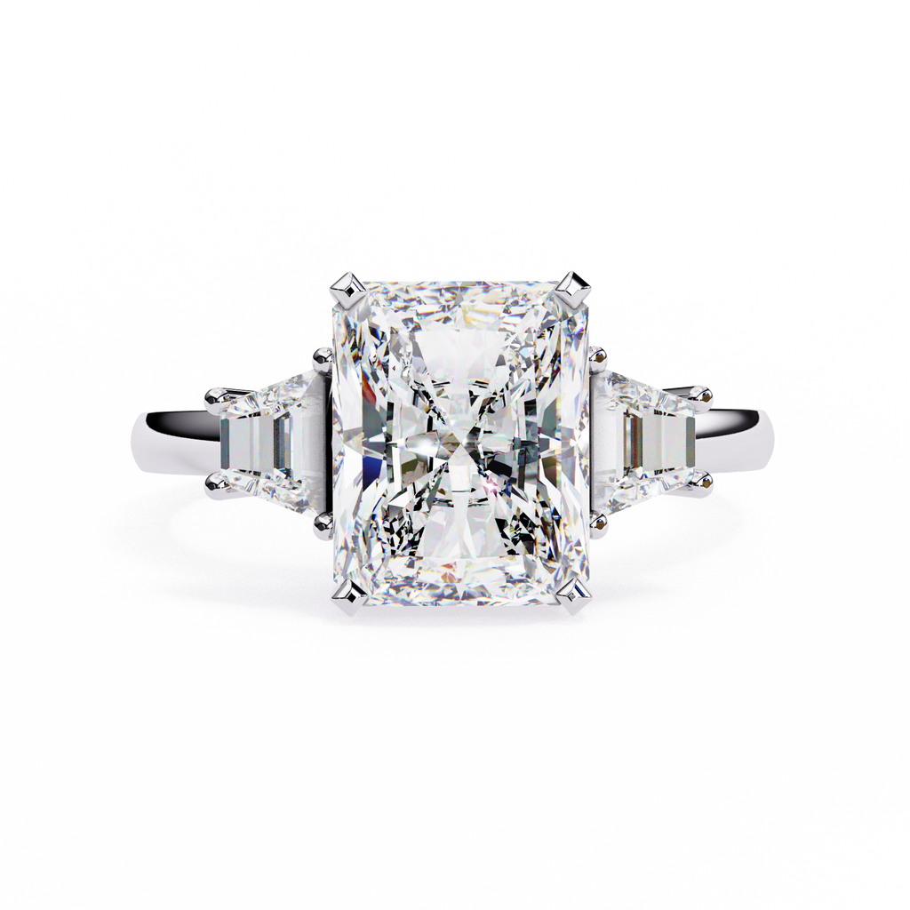 White Gold Three Stone Radiant Cut Diamond Ring with Trapezoid Sides