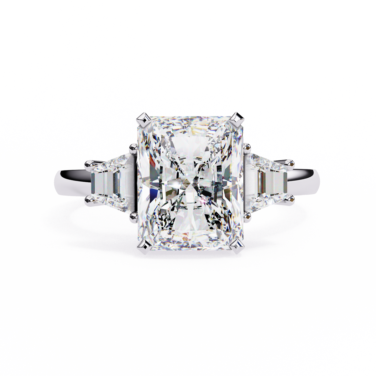 White Gold Three Stone Radiant Cut Diamond Ring with Trapezoid Sides