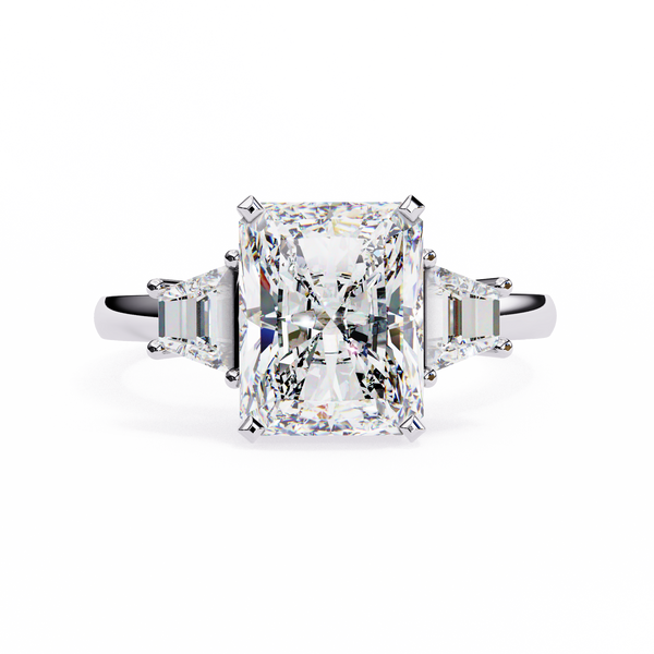 White Gold Three Stone Radiant Cut Diamond Ring with Trapezoid Sides