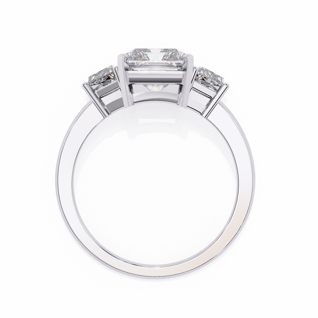 White Gold Three Stone Radiant Cut Diamond Ring with Trapezoid Sides