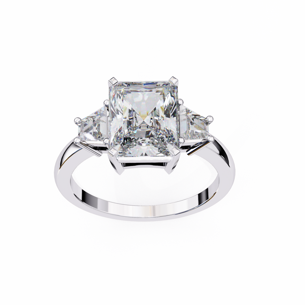 White Gold Three Stone Radiant Cut Diamond Ring with Trapezoid Sides