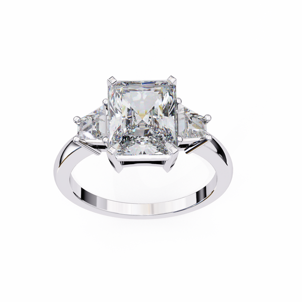 White Gold Three Stone Radiant Cut Diamond Ring with Trapezoid Sides
