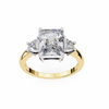 Yellow Gold Three Stone Radiant Cut Diamond Ring with Trapezoid Sides