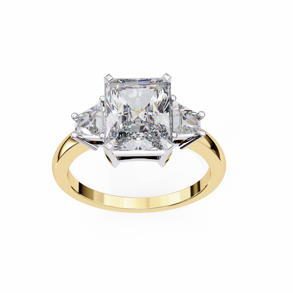 Yellow Gold Three Stone Radiant Cut Diamond Ring with Trapezoid Sides