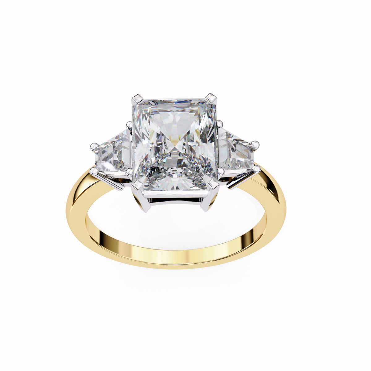 Yellow Gold Three Stone Radiant Cut Diamond Ring with Trapezoid Sides