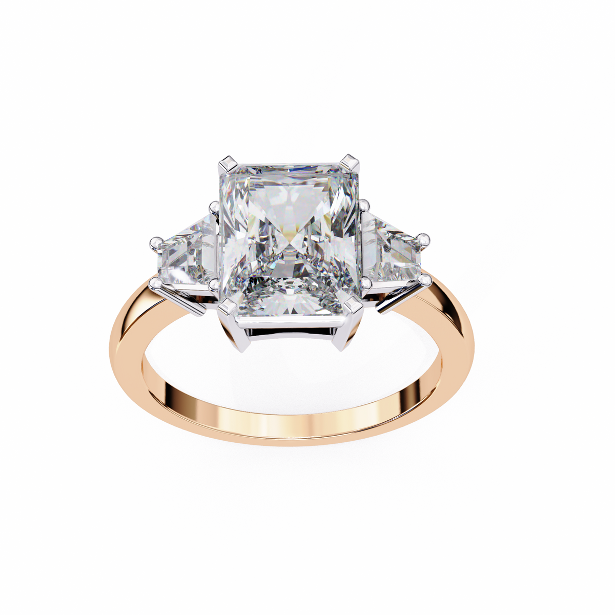 Rose Gold Radiant Cut Diamond Ring with Trillion Side Stones