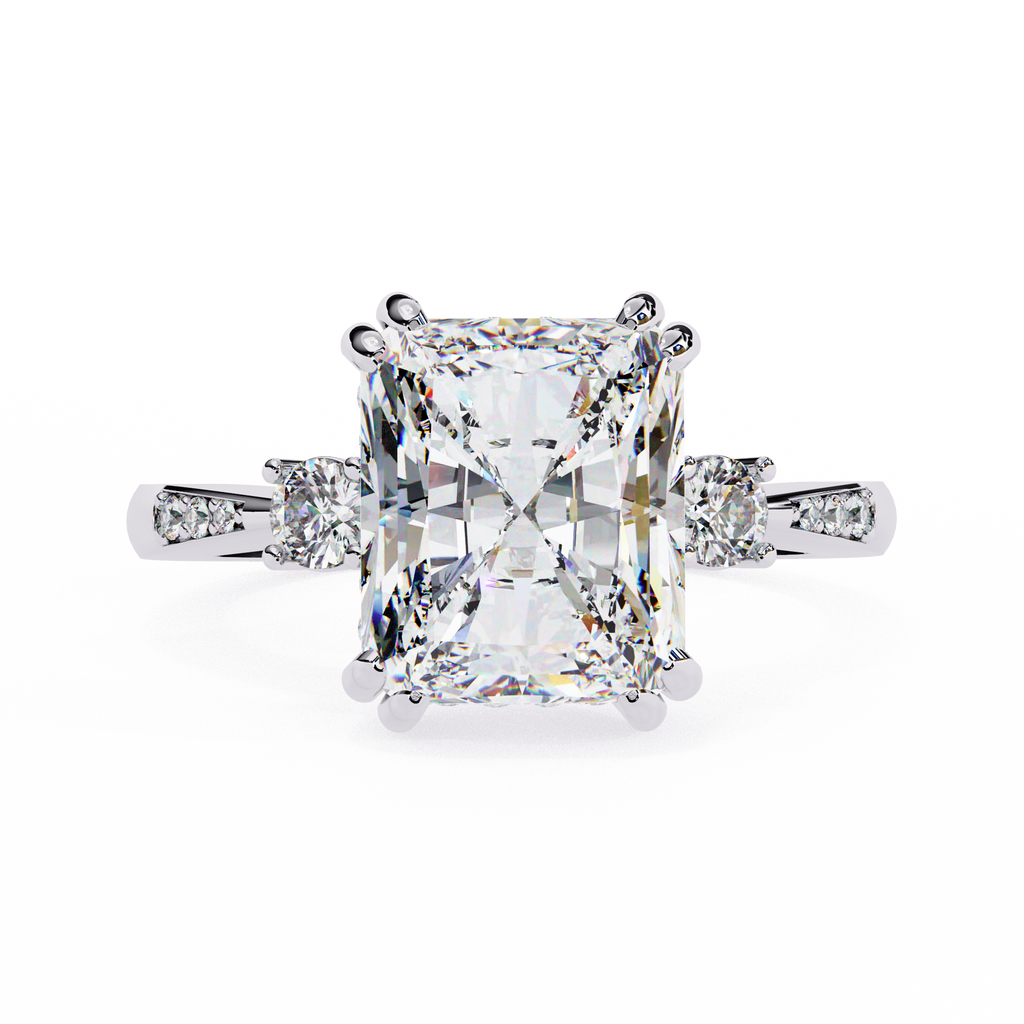 White Gold Three Stone Radiant Cut Diamond Ring with Hidden Halo and Pavé Shoulders