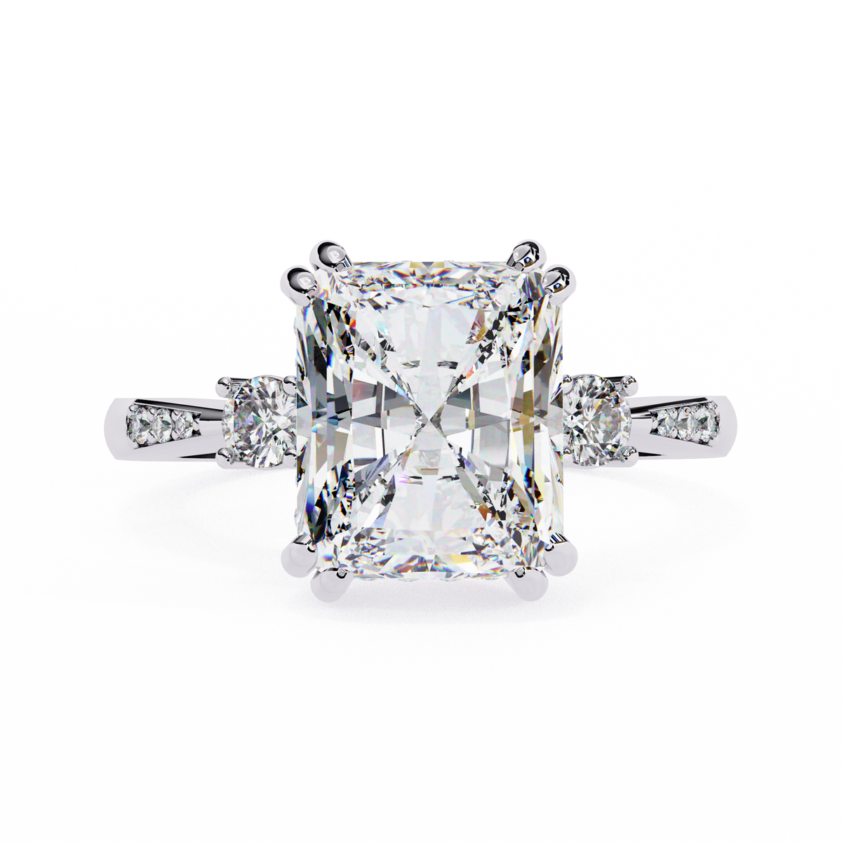 White Gold Three Stone Radiant Cut Diamond Ring with Hidden Halo and Pavé Shoulders