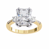 Yellow Gold Three Stone Radiant Cut Diamond Ring with Hidden Halo and Pavé Band